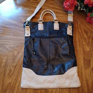 Sabina New York Cream and Black Leather Foldover Top Handle Tote